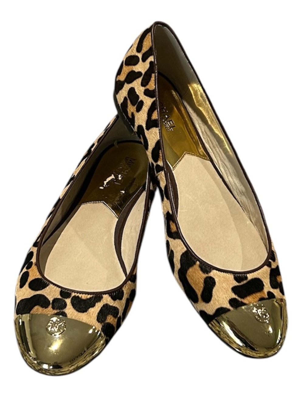 Michael Kors Leopard Print Ballet Flats Sz 10 M Round-toe Gold Tone MK Hardware - Picture 4 of 11